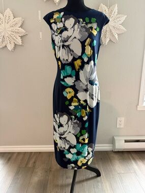 London Times Navy Floral Midi Dress with White, Teal & Yellow Accents